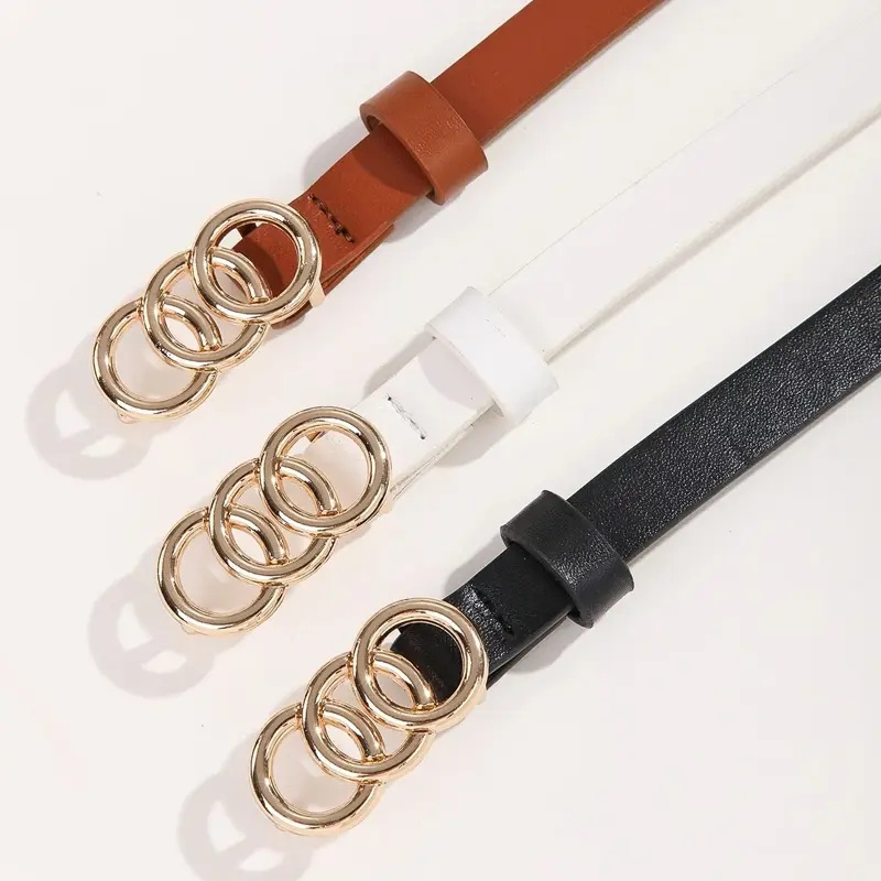 

1pc Triple Rings Belt Classic Thin Belt Casual Pin Waist Bands For Pants Jeans Dress