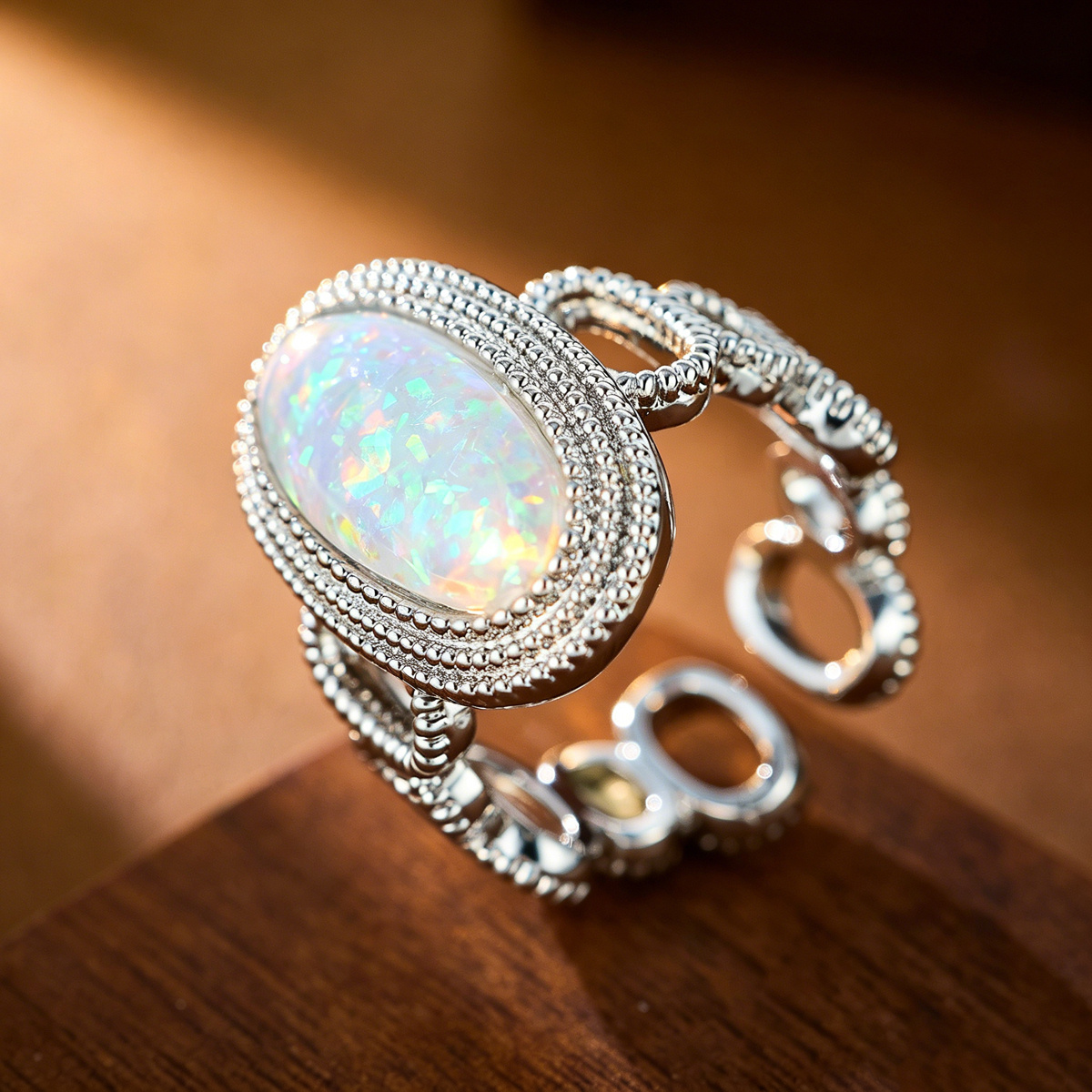 TEMU Golden And Silvery Electroplated Oval Opal Opening Ring, Retro Exaggerated Adjustable Stacking Ring, Exquisite Jewelry Gift For Her