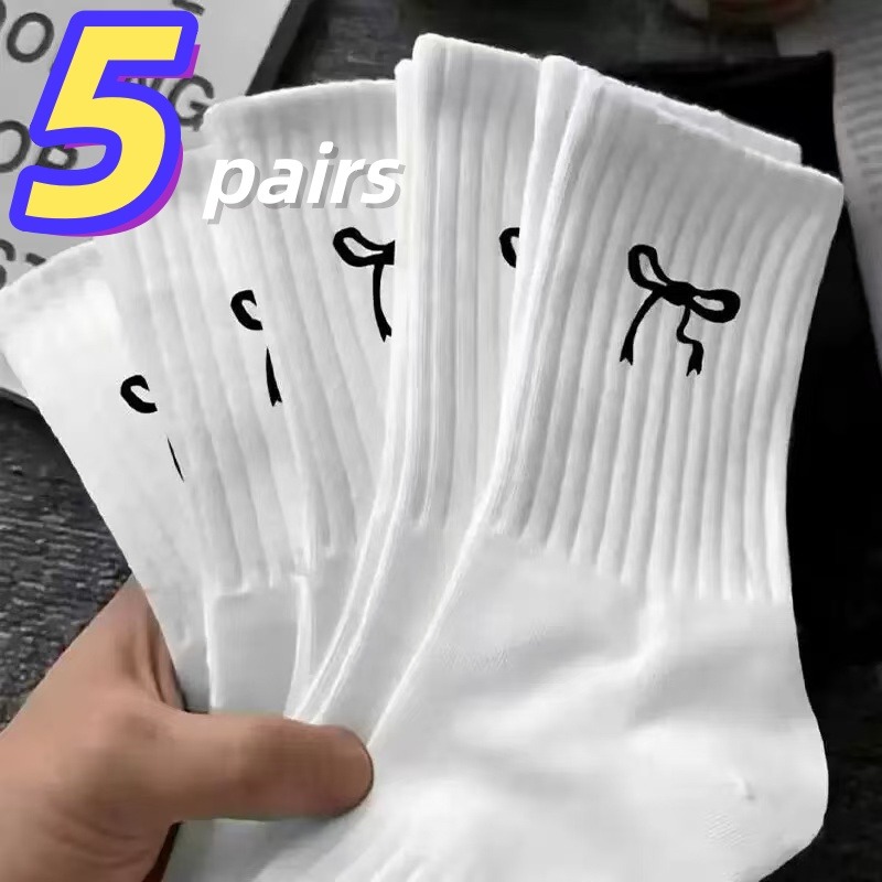TEMU 5-pair Basic Mid-calf Socks, Featuring A Black And Scheme With Bow Decoration. Stylish And Versatile Long Socks For Couples. Breathable,
