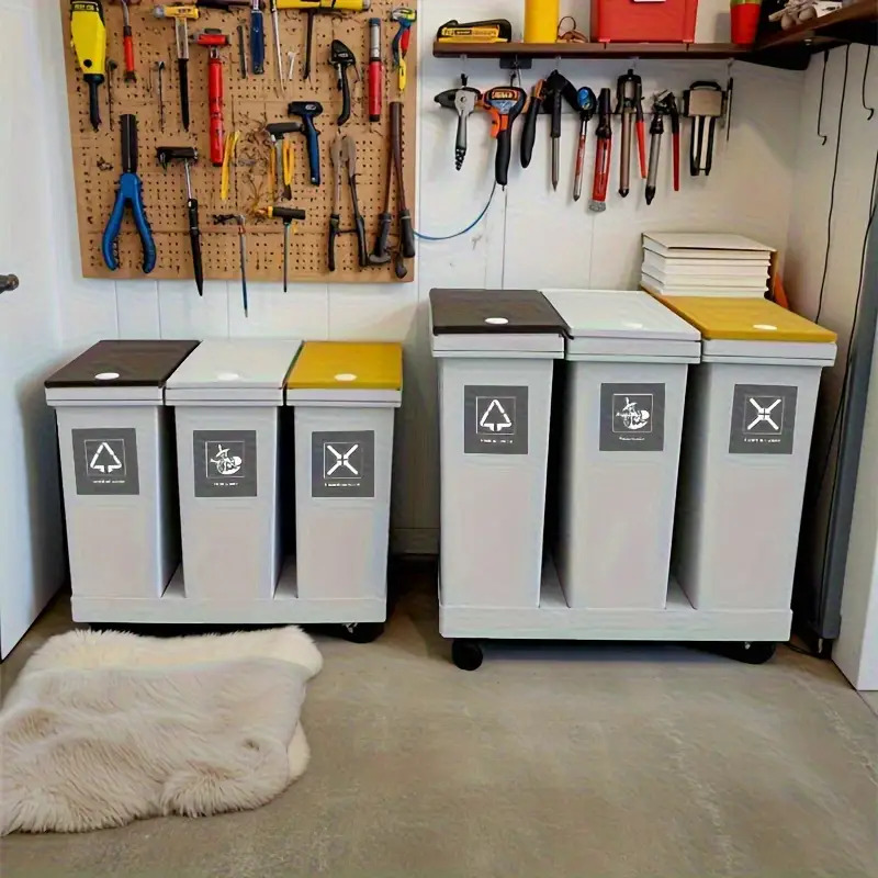 1pc Large Heavy-Duty Plastic Rectangular Trash Can with Lid & Removable Inner Bucket - Heavy-Duty Rolling Bin with 4-Wheel Mobility, Wet/Dry Waste Sorting System for Kitchen, Living Room, Patio, Outdoor - All-Season Use, Space-Saving Design, Durable & Easy-Clean (Grey/Black) - Ideal for Home, Office, Restaurant, Garage, Balcony - Ideal for Large Spaces & Heavy-Duty Waste Disposal, Garbage Cans for Kitchen, Kitchen Bins for Rubbish And Recycling, Diaper Trash Can,