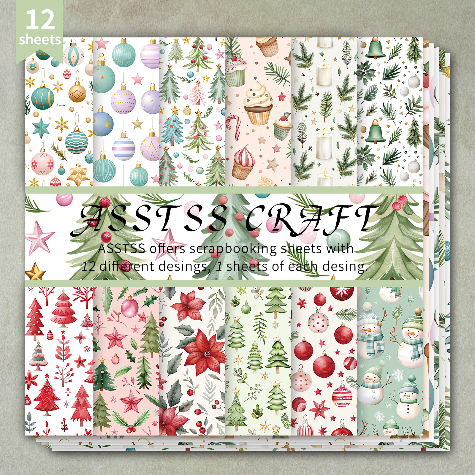 TEMU Bloc de papier de scrapbooking ASSTSS de 12 feuilles, fournitures de papier de base de Noël fraîches, carton épais adapté au journaling, à du