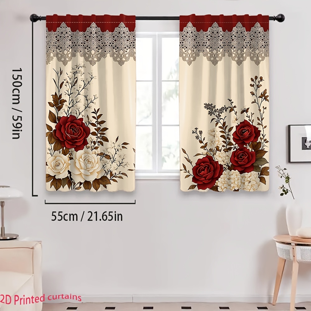 TEMU 2d Flat, 2d Pattern- This Set Of 2 2d Patterned Curtains Features And Elegant Design, With Red And White Roses And Stems, Complemented By A