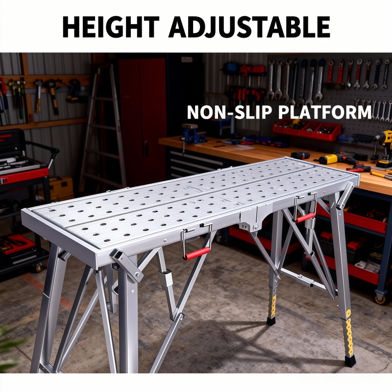 portable adjustable height support platform telescopic ladder non slip and lightweight with adjustable leg height compact size when folded easy to transport and store support platform for yard maintenance temporary work and other   Product details 1