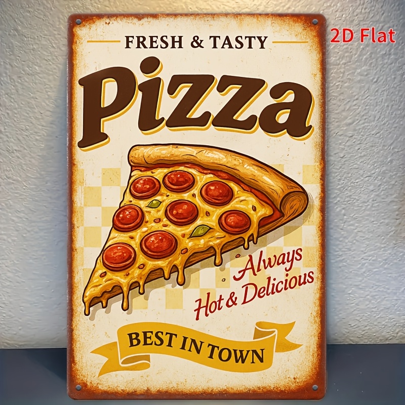 TEMU 2d Flat, Metal Plaque Easter A Vintage Pizza Metal Wall Sign Measuring 20.32x30.48 Cm- Showcasing A Retro Diner Style With An Image Of Pizza And