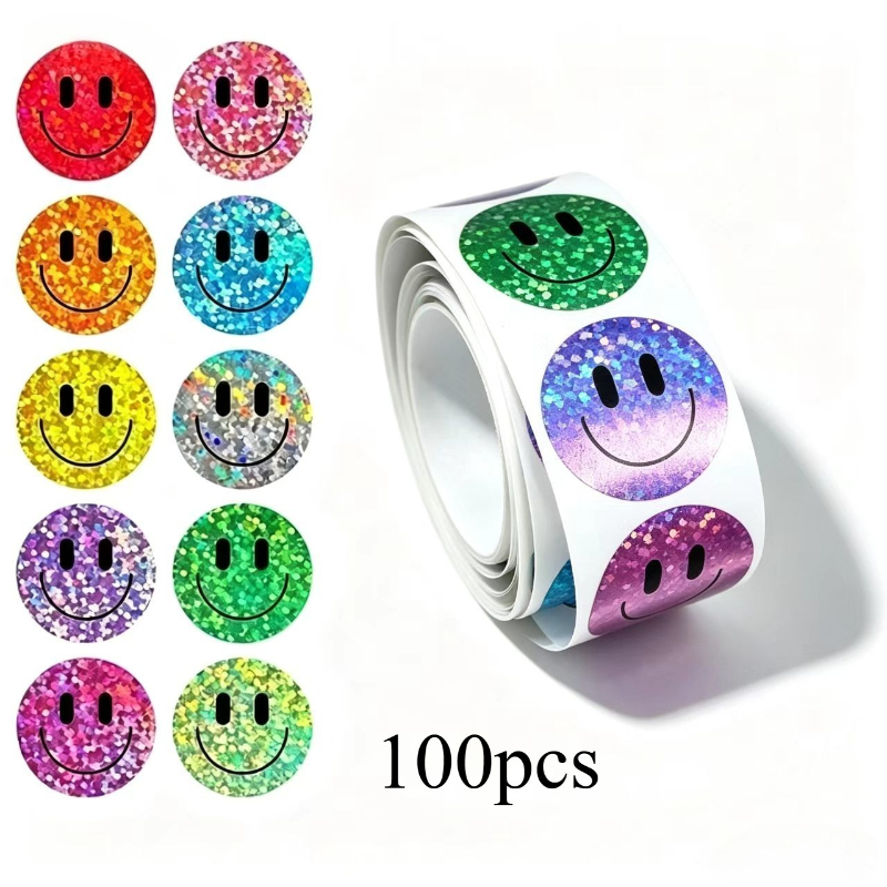 100 stk Fargerike Smil/ Klistremerkerull, 2,5 cm/1 Tomme Gledes Klistremerker for Festgaver, DIY og Personlige Hobbyer: retailer-supplied image