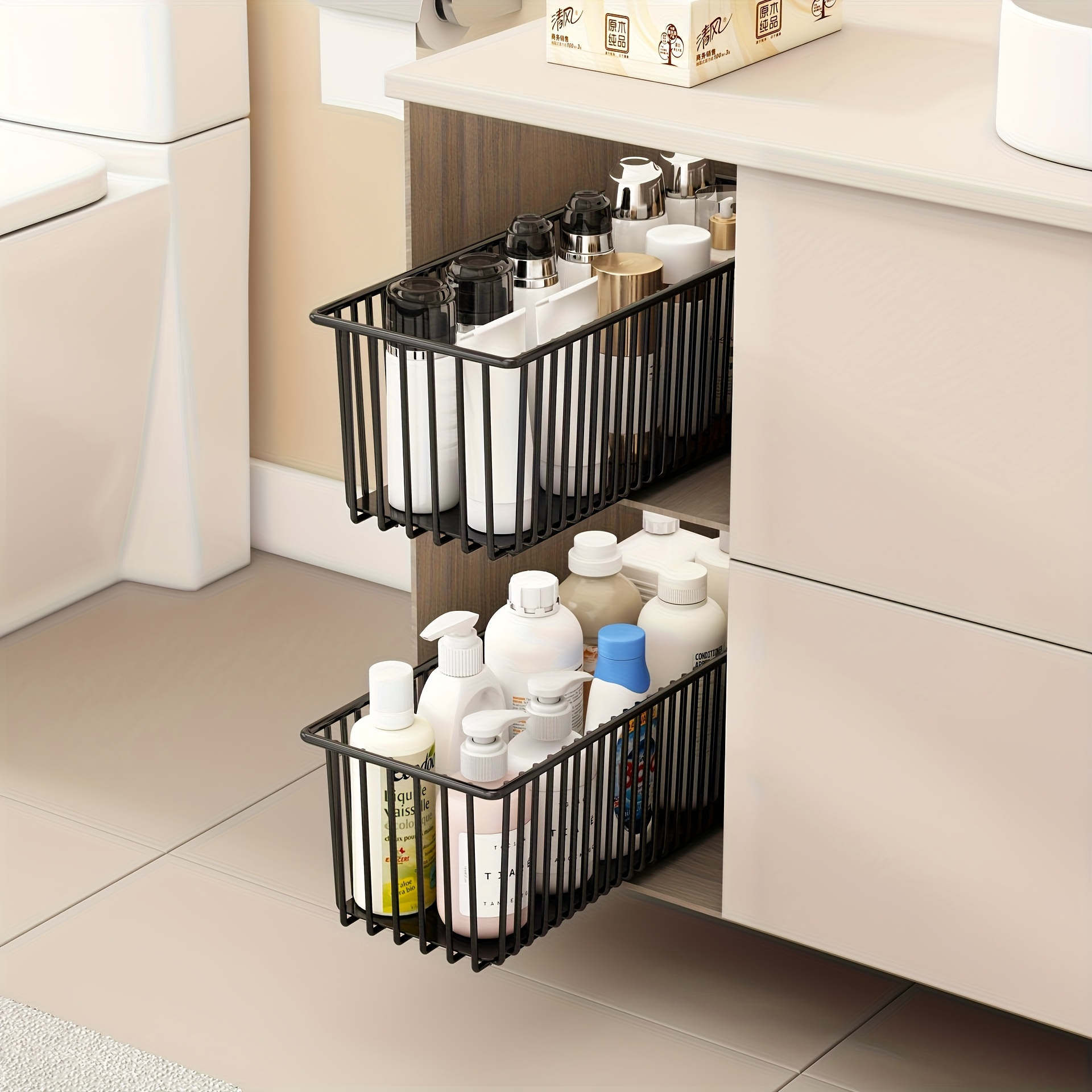 Pull-out Cabinet Storage Basket, Black Metal Drawer, Suitable For Kitchen And Bathroom, 2 Models , Sink Shelf Design With Multiple Compartments For Storing Spices, Jars, And Bottles, Minimalist Black
