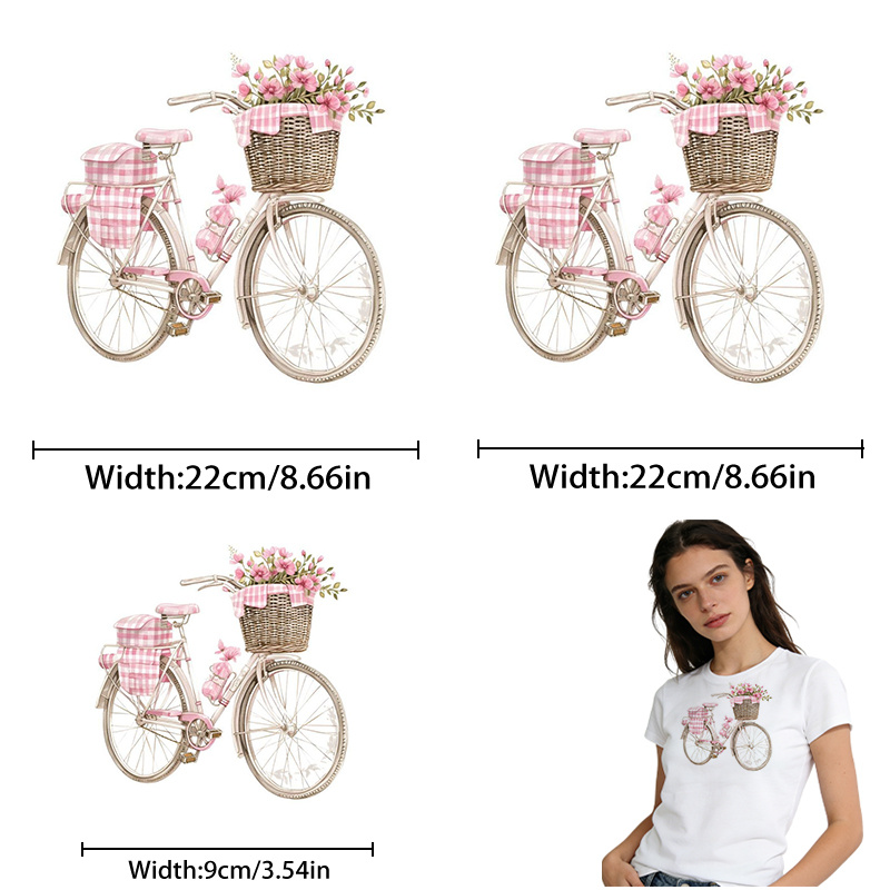 TEMU 3pcs Pink Bicycle And Floral Basket Heat Transfer Stickers, Diy Iron-on Appliques, Durable Plastic For T-shirt Making, Pillow Decoration - ,
