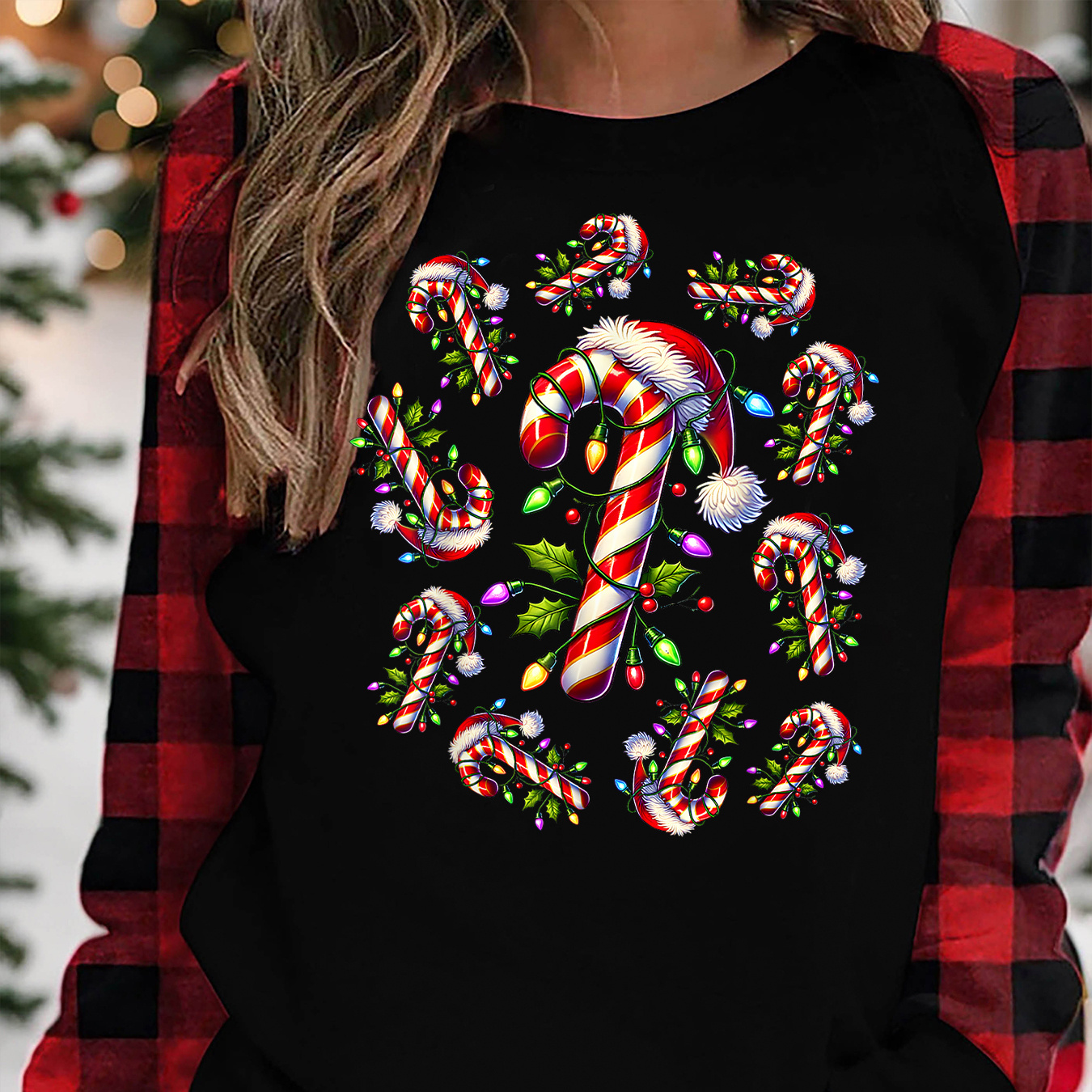 

Women's Christmas Candy Cane Print T-shirt - Casual Long Sleeve, & Solid Color Options, Stretchy Polyester , Machine Washable