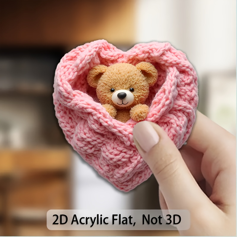 TEMU 1pc Cute Knitted Bear Magnet, Heart-shaped Blanket Design - Soft Acrylic And Rubber Material - Refrigerator Magnet, Suitable For Refrigerator