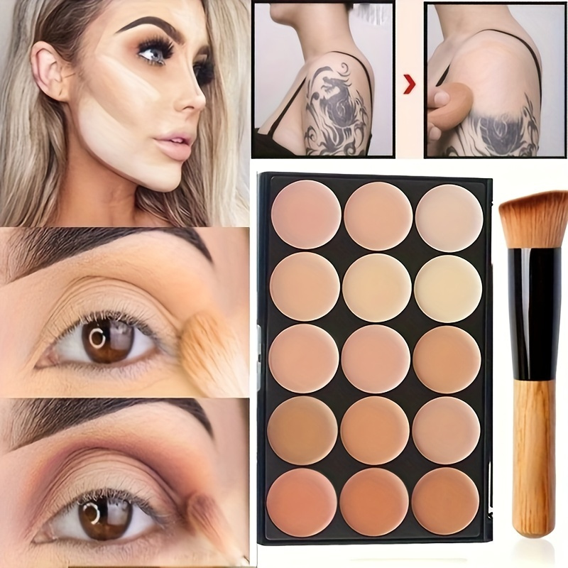TEMU 2pcs Professional Concealer Set With Brush- 15 Colors, Full Coverage For Dark Circles And Marks, Waterproof And Sweatproof, Suitable For All Tones,