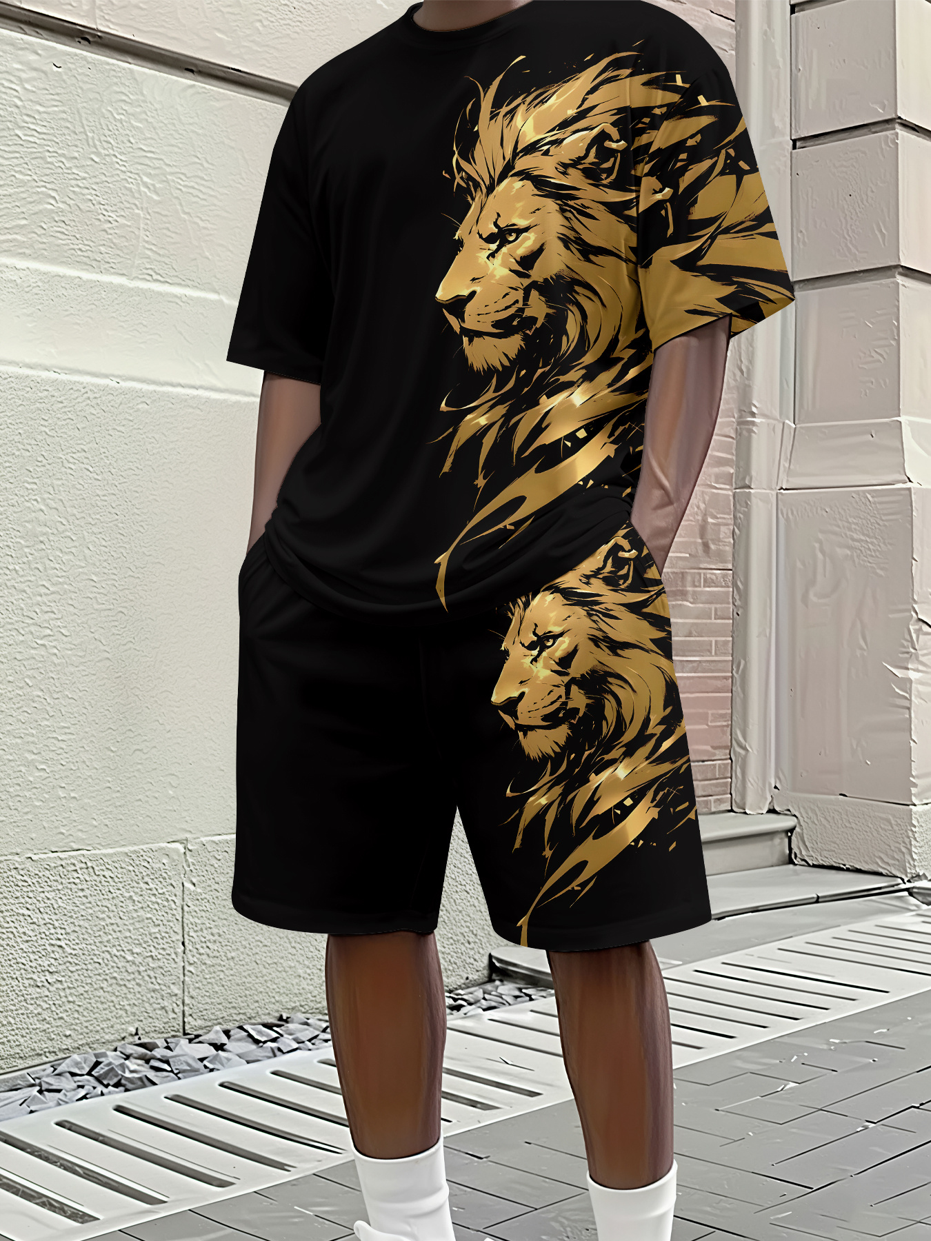 Ensemble Homme Imprimé Lion 3D Noir & Doré Ensemble Homme à Manches Courtes et Col Rond avec Impression Numérique 3D, Motif Lion Noir et Doré - Lot de 2 Pièces, Idéal pour Afficher l