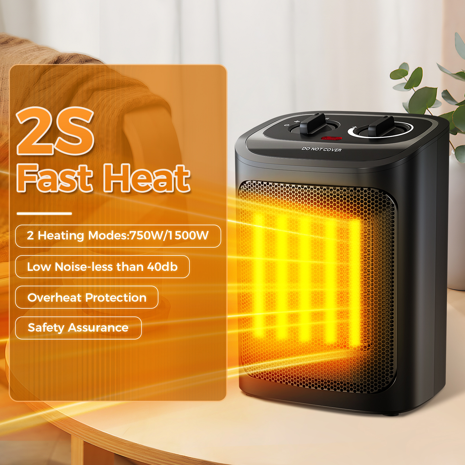 

1500w Mini Portable Electric Space Heater, Ptc Fast Heating Ceramic Room Small Heater With 2 Heating , Heating And Fan For Bedroom, For Use(black)