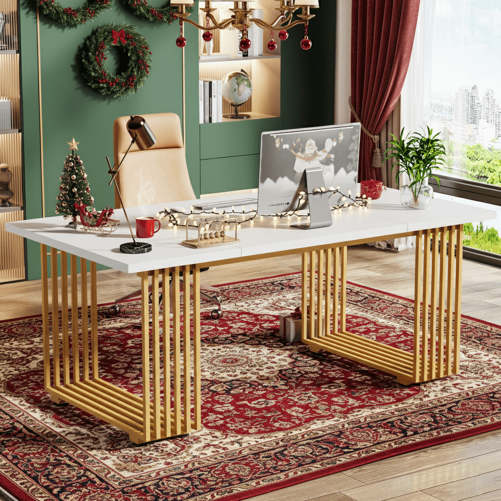 70.9" White & Golden With Golden Metal Legs - Large Desk, Heavy-duty Wood Table For Office, Spacious Workstation With Surface, Easy Assembly (compatible With Desks )