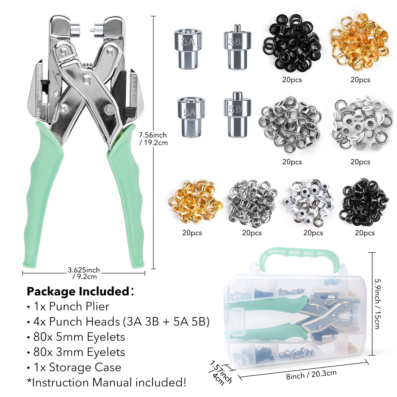 TEMU Hole Punch And Eyelet Setter Tool Kit, 3mm 5mm Grommet Plier With Replacement Punch Heads, Metal Eyelets And Storage Case For Cardstock,