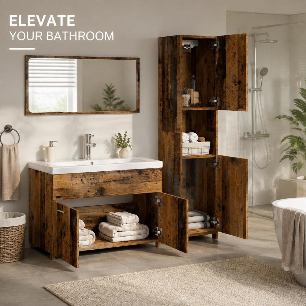 Image of 4pcs Bathroom Furniture Set For Storage, Space Saving Wall Mounted 4pcs Vanity Cabinet With Vintage Wood Look Finish For Bathroom Washroom Restroom, Home Organization Vanity Unit