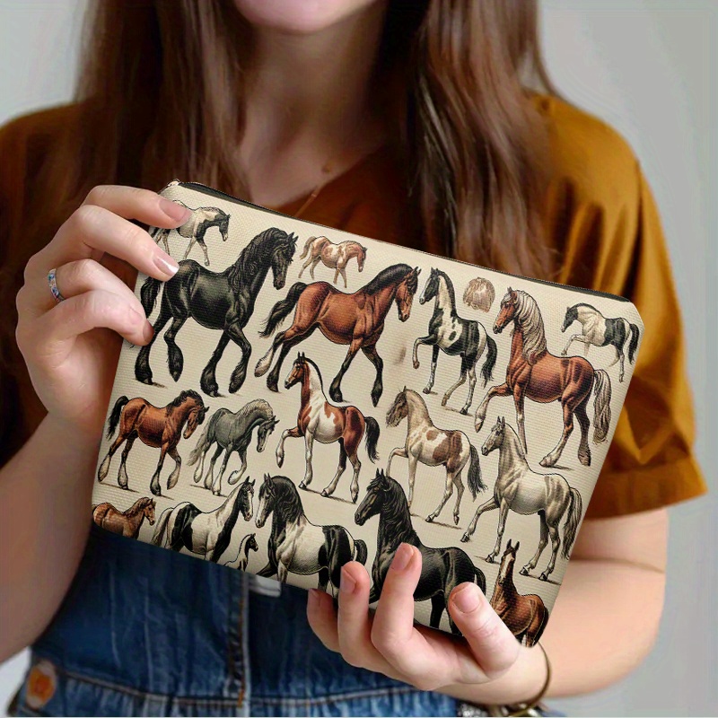 TEMU 1 Handbag Featuring Horse Breeds And Poses, A Lightweight Double-sided Cosmetic Pouch With A Zipper And Stylish Design, Suitable For Travel And