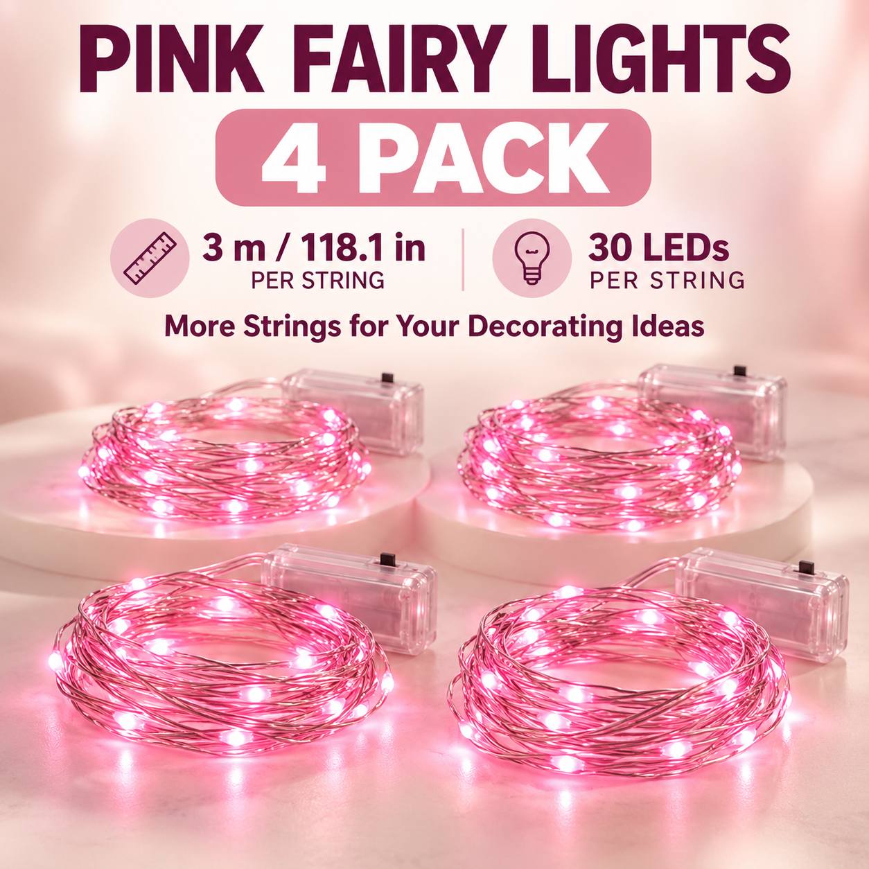 TEMU String Lights, Or 4 Pack, 30 Leds And 118.1in Each, Flexible Battery-powered Decorative Lights For Christmas Gifts, Bouquets, Parties, And Table