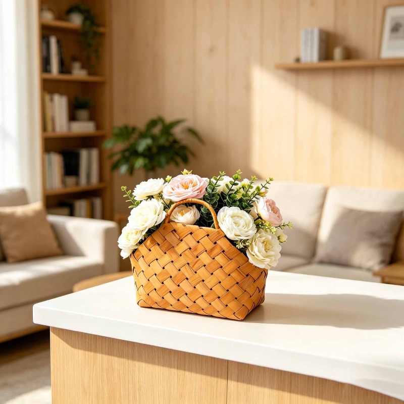 Hand-woven Bamboo Storage Basket, Bamboo Woven Gift Basket, Flower Basket with Sturdy Handle, Rustic Home Decor Tote Basket, Suitable for Wedding Party Favors, Home Kitchen Countertop Organizer, Living Room Shelf, Shelf Baskets