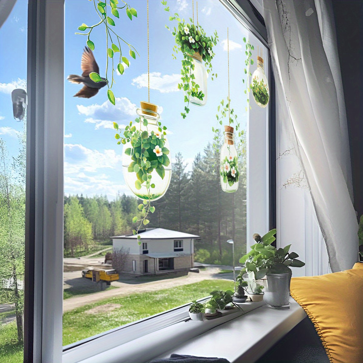 E-shop Kreative Hängeflasche, grüne Pflanzen- und Blumen-Fensteraufkleber, statische Aufkleber für Schlafzimmer, Wohnzimmer, Heimdekoration,