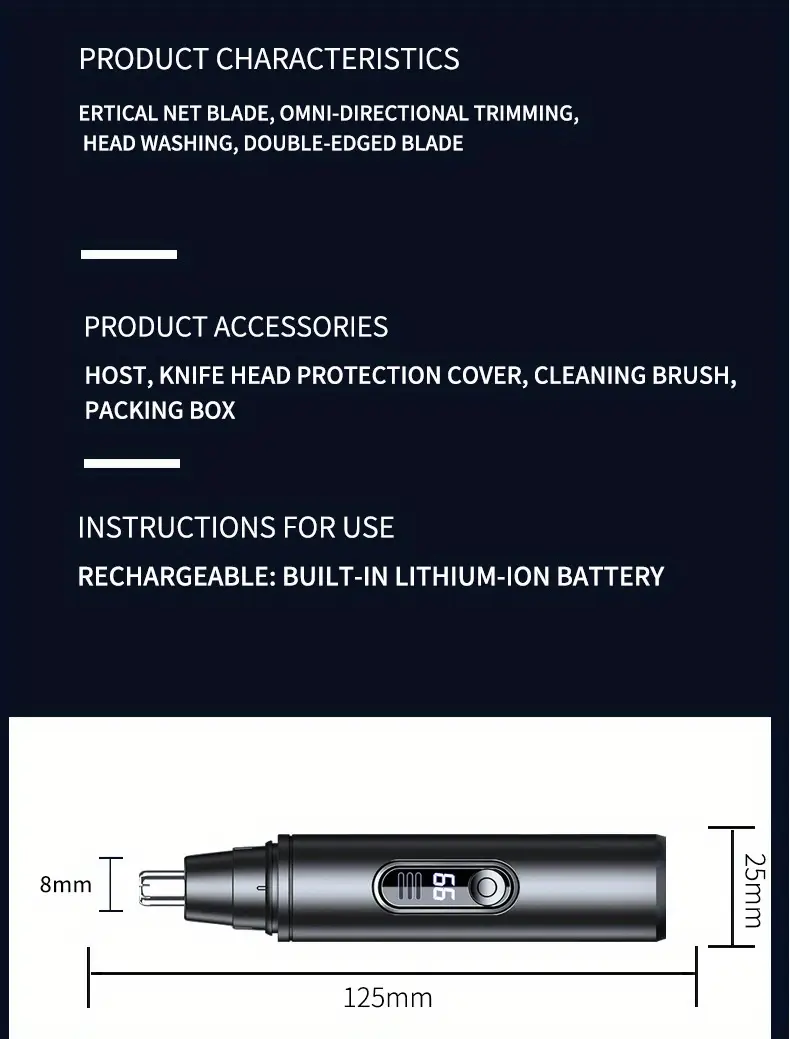 usb rechargeable electric nose hair trimmer with led   blades   facial hair removal for men women safe pruning type c charging durable   ideal grooming   essential compact size   personal hygiene sleek style lightweight construction mens grooming Product details 18