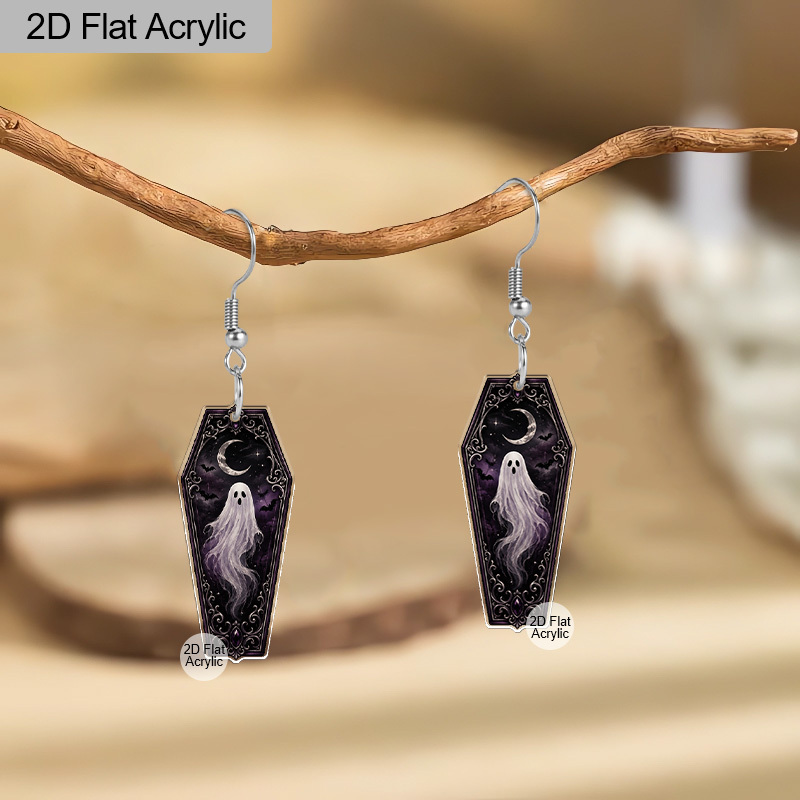 Coffin-Shaped Purple Ghost Acrylic Dangle Earrings, Halloween Style