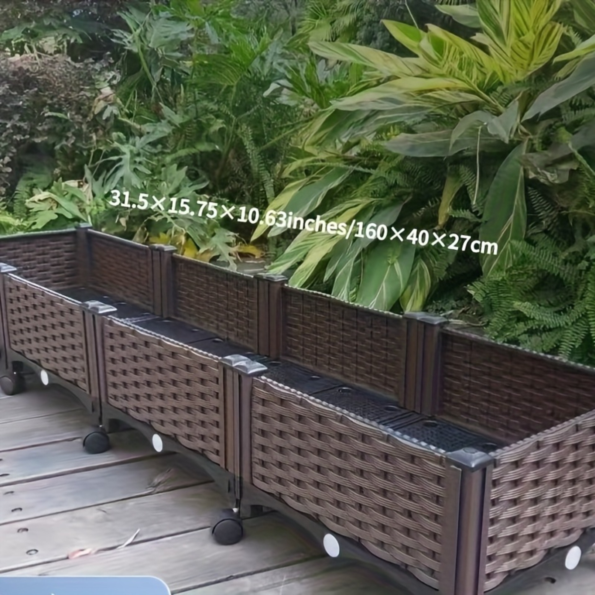 self watering elevated garden planter box with wheels 80cm x 40cm x 27cm durable plastic for indoor outdoor vegetables and flowers   with woven pattern easy to assemble indoor gardening   sturdy wheel support