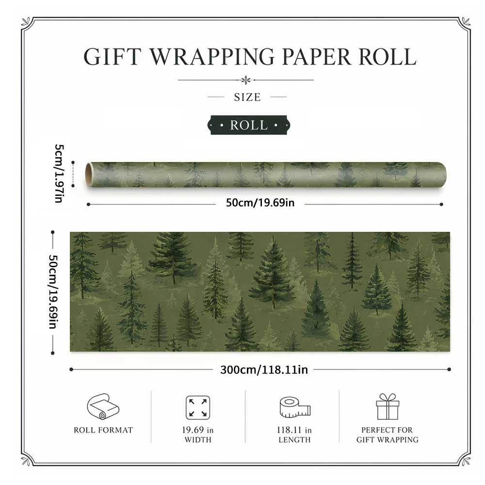 TEMU 1 Rotolo di Carta da Regalo Elite 50X300Cm (19.7X118.1In) per Tutte le , Carta Decorativa per Confezioni Regalo con Alberi Rigogliosi su un