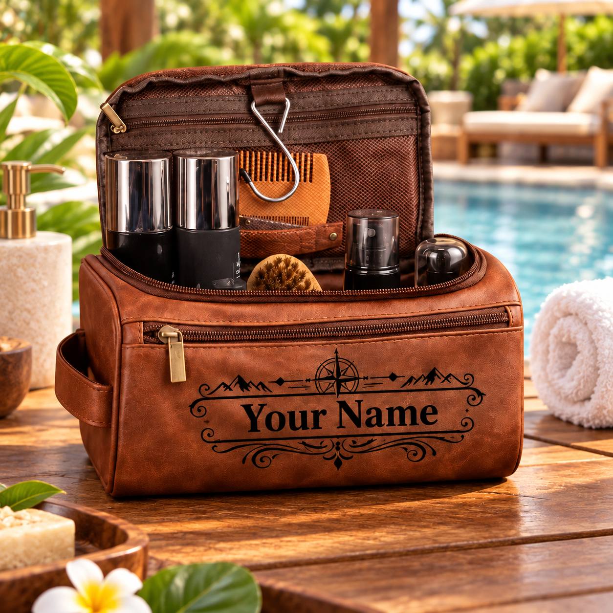 TEMU 1pc Personalized Men's High Quality Toiletry Bag - Custom Engraved Name/initials, Travel Organizer With Zipper Closure & Strap Suitable For