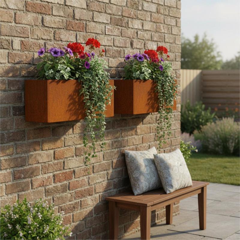 Set Of 2 Wall-mounted Planters Made Of Corten Steel, Measuring 53x10x17 Cm, Designed For Outdoor Use On , , And Gardens. Are Durable, Weather-resistant, And Feature Rust Protection