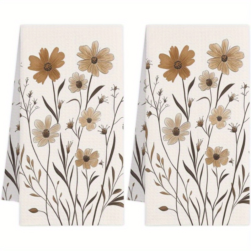 

2pcs Soft Polyester Kitchen Towels - 18x26 Inch, Brown Floral & Poppy Designs, Machine Washable, Drying Hands & Decorating Your Kitchen