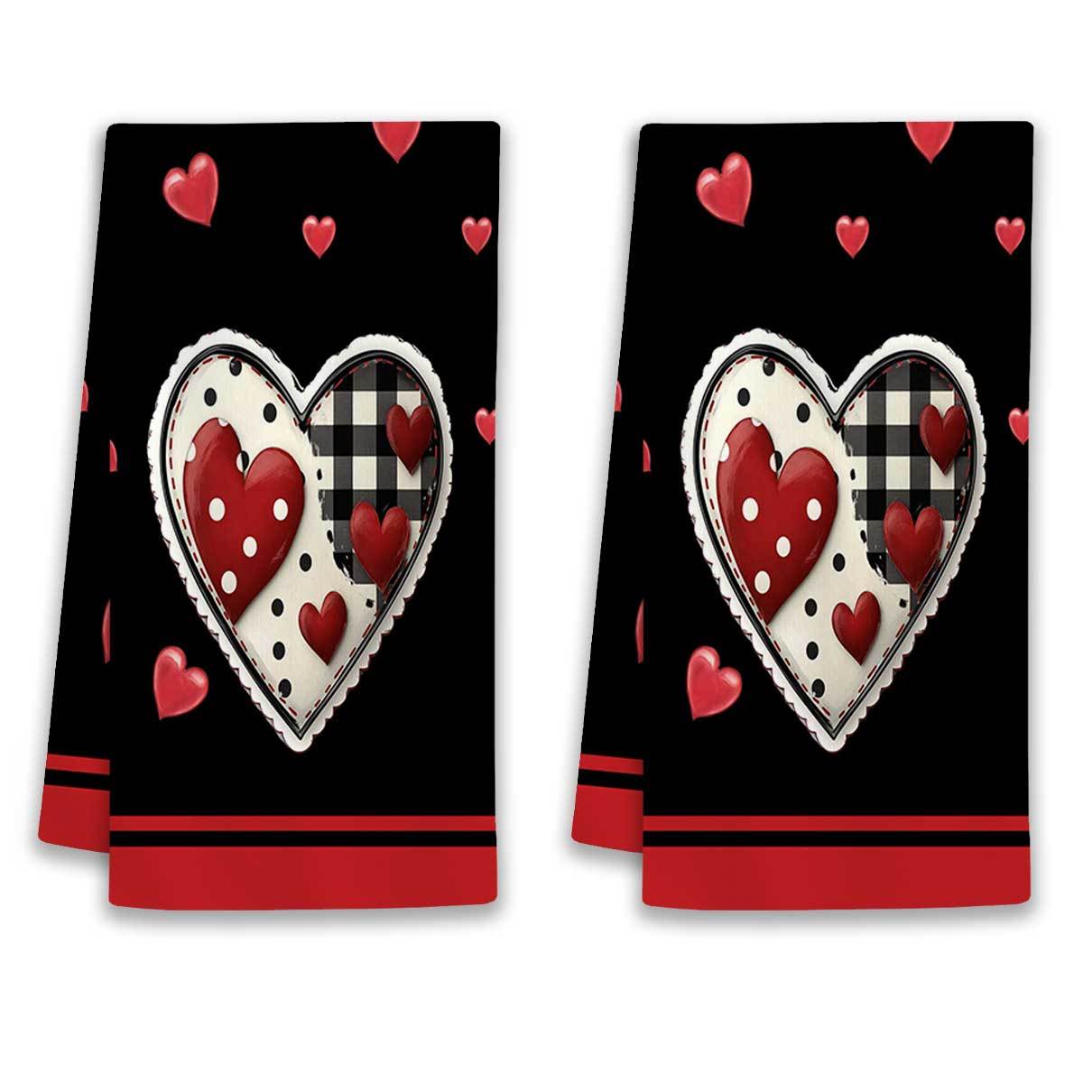 

2pcs Valentine's Day Kitchen Towels, Woven Polyester Dish Cloths, Super Soft, Cartoon Love Heart Pattern, Hand Wash Only, For Housewarming Gift Decorations