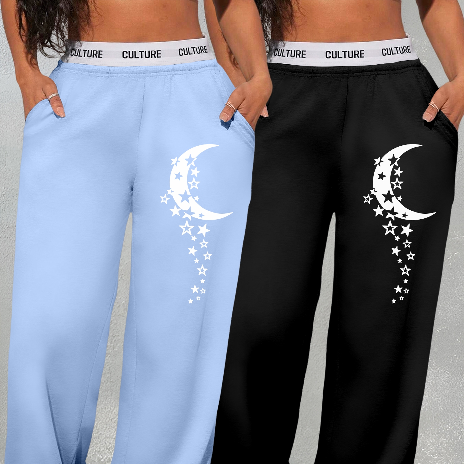 

Pack Of 2 Women's Casual Polyester Knit Pants, High Waist Straight Sweatpants, Fit Trousers With Geometric Moon Pattern