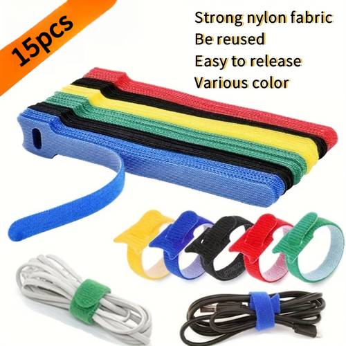 15pcs multi color nylon hook loop cable ties reusable self wire management straps for home office secure adjustable