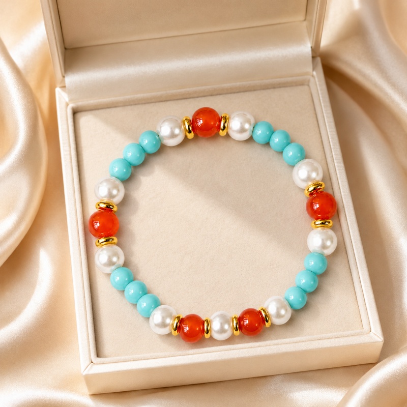 Wealth-Attracting Natural Stone Bead Bracelet, Mint Blue & Red Agate