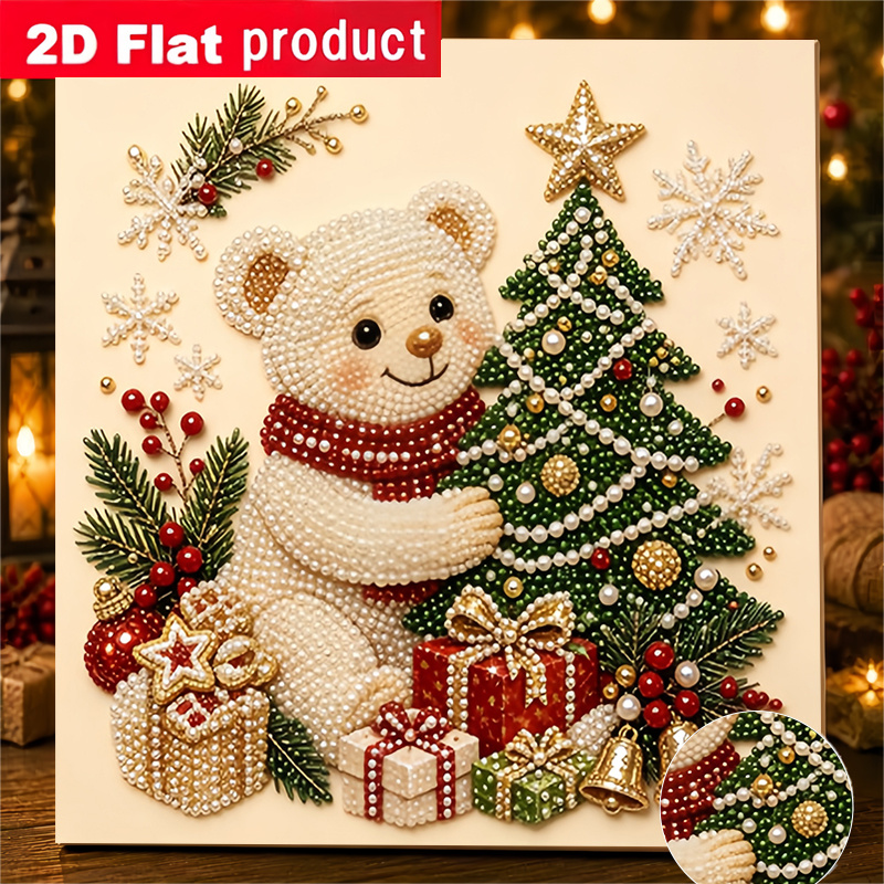 TEMU New 2d/flat Printing Pearl Diamond Painting Features A Design Of A Bear Hugging A Christmas Tree. This Diy Handmade Rhinestone Mosaic Art Kit