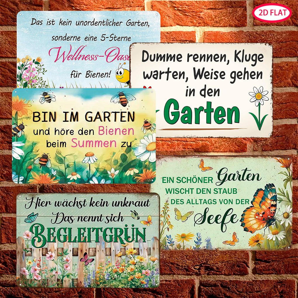 2d Flat, [2d Flat] 5pcs, 2d Flat German Text Retro Tin Sign, Garden Sign With Saying Bin Im Garten Mit Den Hummeln Bummeln, Decorative Sign Garden Vintage Metal Sign 30x20cm, 2d Flat