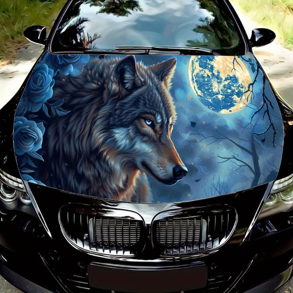 TEMU Durable Pvc Wolf In Car Hood Decal, Protective Vinyl Wrap For Most Vehicles, Ideal Gift, Exterior Use, Vehicle Hood Protector|realistic Wolf