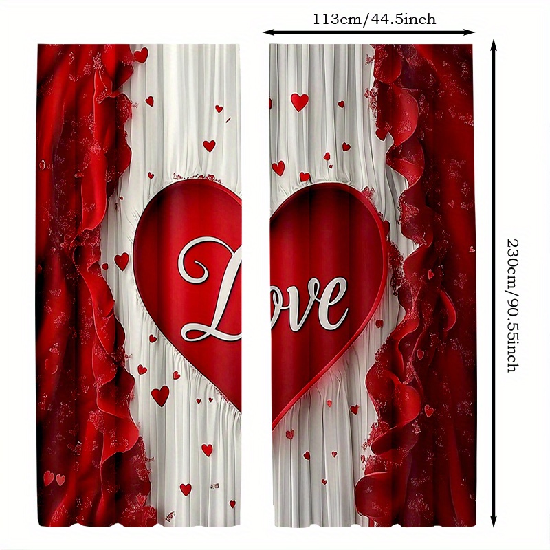 TEMU Lot de 2 Rideaux Romantiques Rouge et Blanc de Cœur - Draperies en Polyester Semi-Transparents avec un Design Élégant de Cœurs et Fleurs,