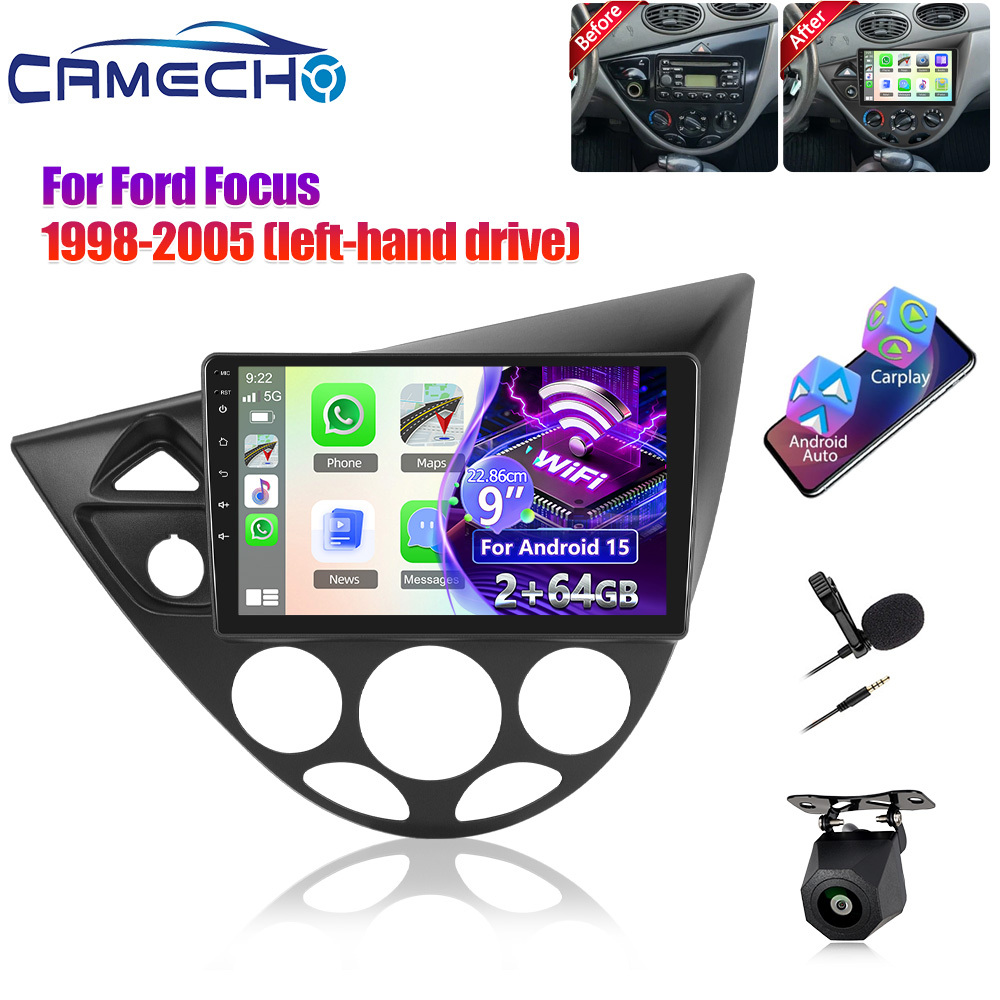 Camecho 15.0 Dsp Car Stereo Radio For Ford Focus1998-2005 (left-hand Drive) With Auto , [2g+64g] 9 Inch Hd Ips Touch Screen Bt Car Radio Wifi With Ahd Backup Camera Mic