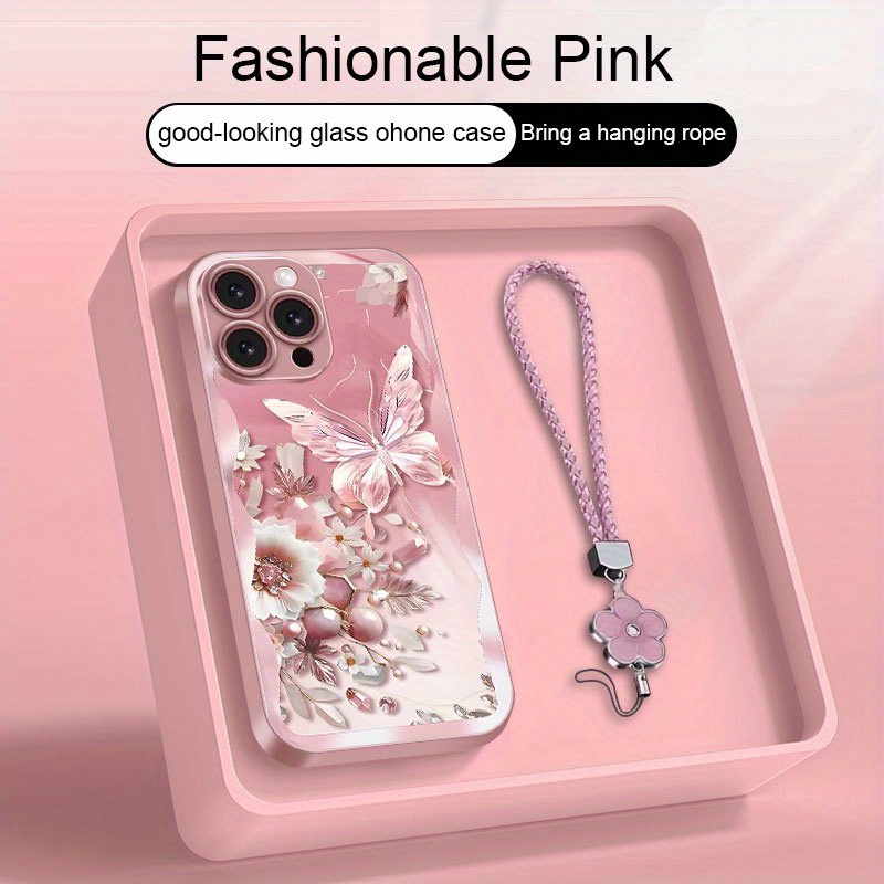 TEMU Phone Case: A Glitter Metallic Paint Glass Phone Case With Lanyard Design In Pink Metallic Paint Glass, Compatible With Iphone 17/17 Air/17
