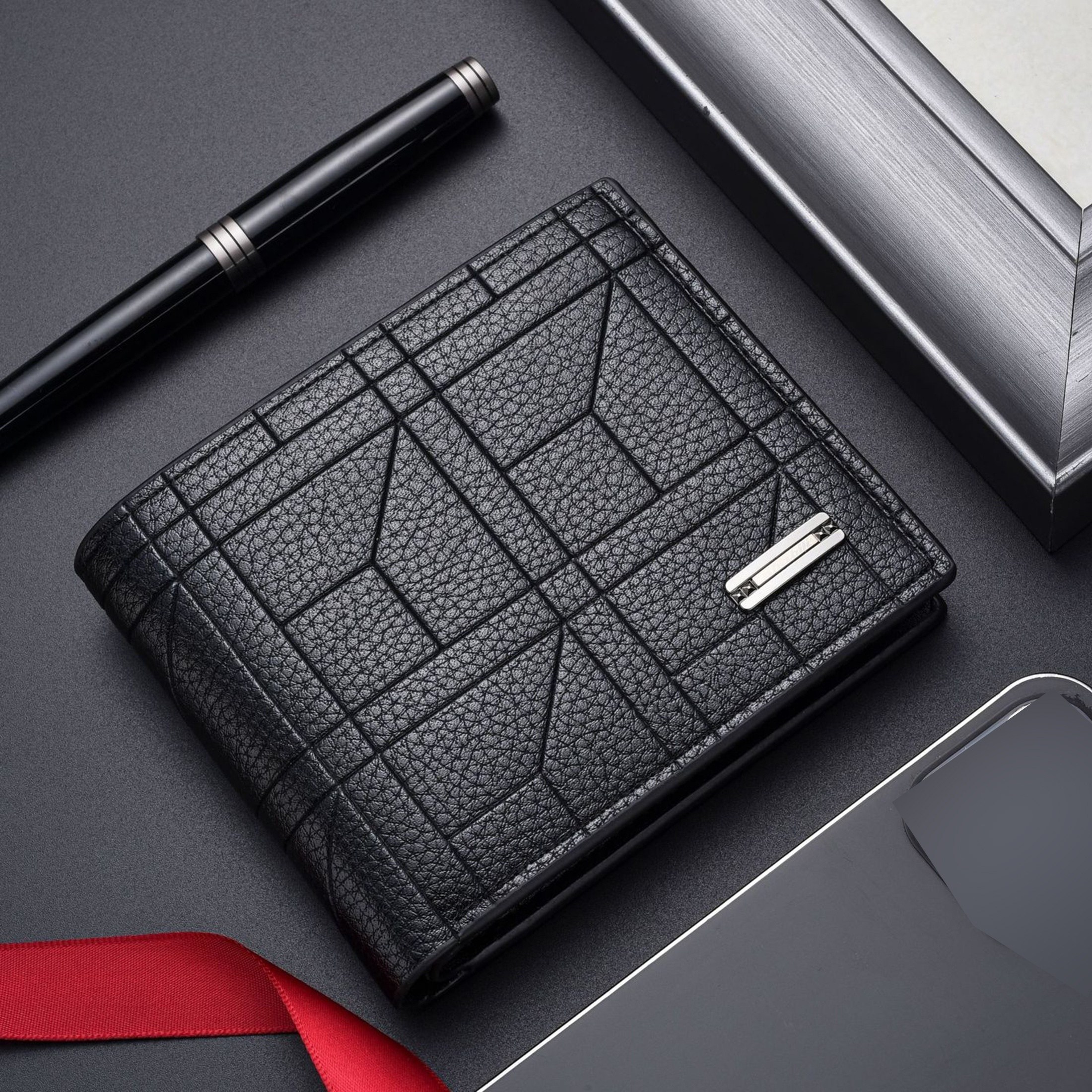 Men's Sleek Black Faux Leather Wallet - Compact High-Capacity Design with Multiple Card Slots, Textured Geometric Pattern & Star Clasp, Perfect for Business Professionals, Professional Accessory | Elegant Metallic Clasp | Durable Wallet