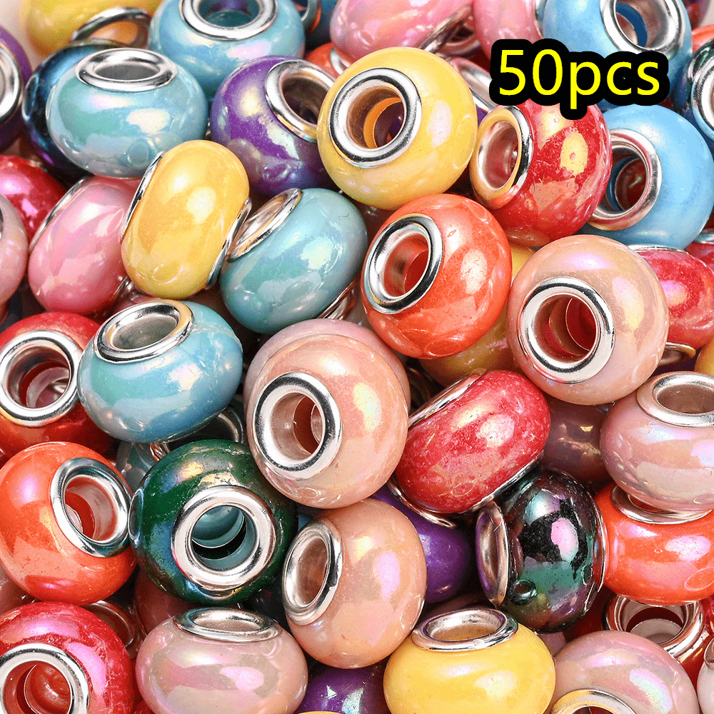 Image of 50 European Large Hole Beads, Colorful Craft Beads, Garden Decorative Beads, Pendant Bracelet Necklace Earring Jewelry Making Supplies Christmas Thanksgiving Gifts