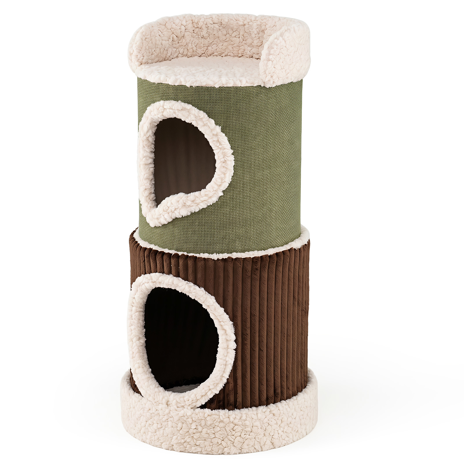 Image of -shaped Cat House For Indoor Cats, Christmas Cat Tower With Top Perch & Double Spacious Condos, Comfy Interior Mats, Multi-level Pet Furniture, Green, Brown, Beige