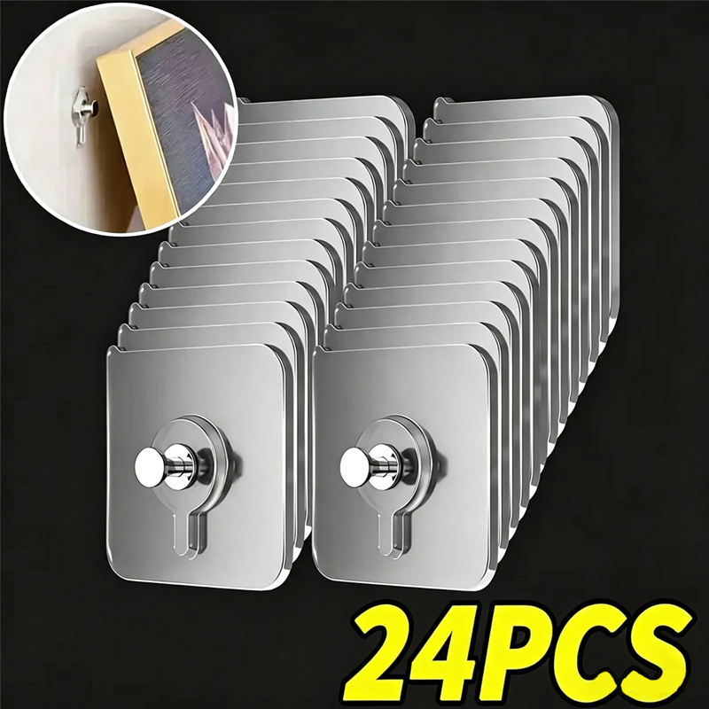 TEMU 24pcs Heavy Duty No-drill Wall Hooks- Damage-free Installation, Waterproof Bathroom And Kitchen Hooks, With Strong Adhesive Backing, Damage-free