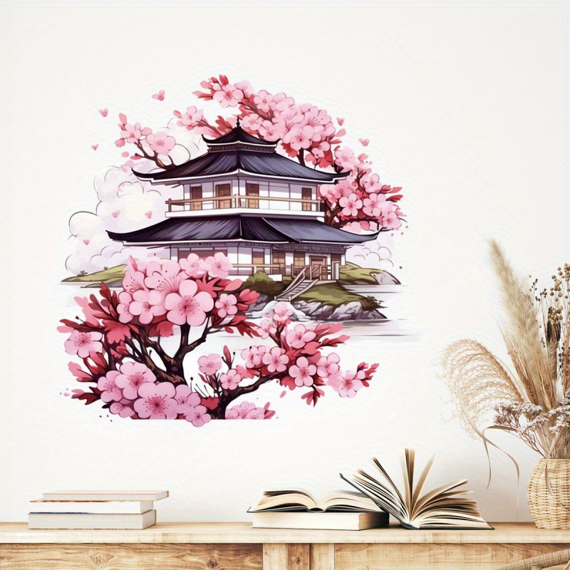 Pink Cherry Ancient Style Wall Sticker Home Wall Decoration Cherry Architecture Cozy Bedroom Self-adhesive Sticker