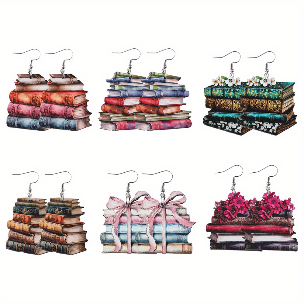 TEMU 2d Flat - 6 Pairs Retro Book Scroll Earrings - Retro Ribbon Bow Book Acrylic Drop Earrings - Fashionable Book Design For Reading Day, Back To