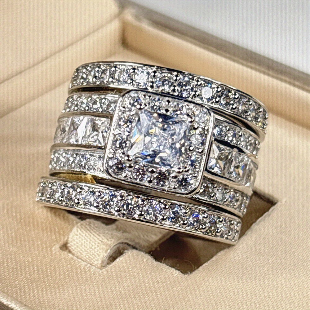 925 Sterling Silver Princess Square Zirconia Ring, Three-Piece Set, Halo Set, Women'S Wedding Ring