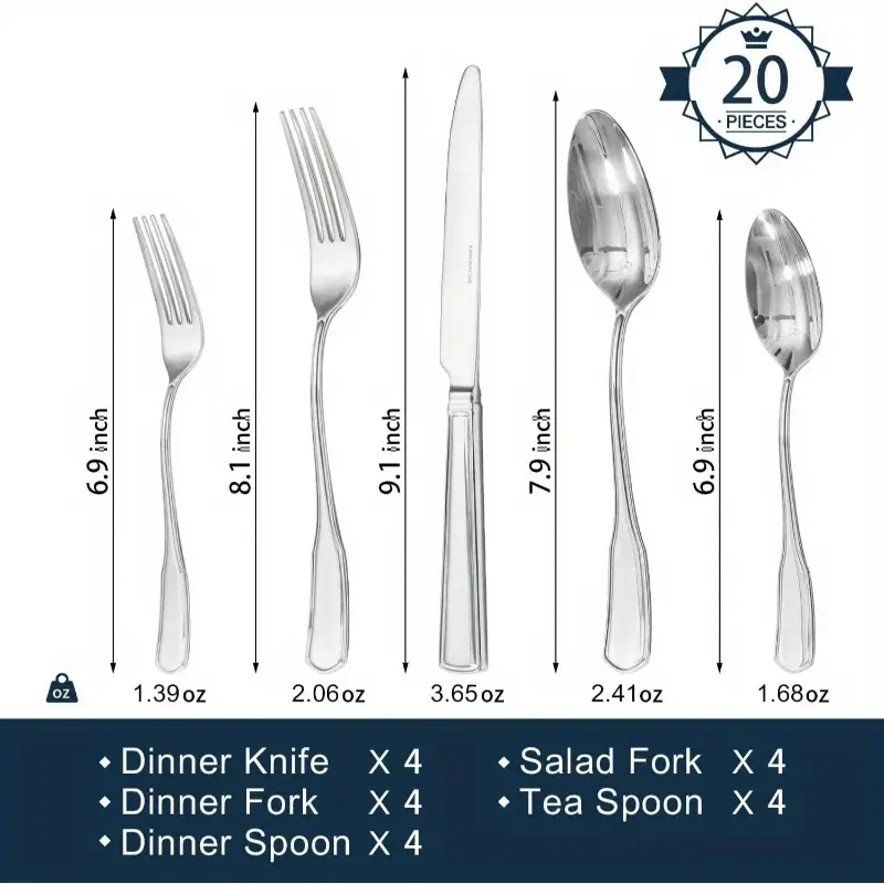 20pcs stainless steel silverware set 1810 flatware cutlery dishwasher safe varnished tableware for use forks knives spoons and chopsticks restaurant tableware elegant tableware durable cutlery Product details 1