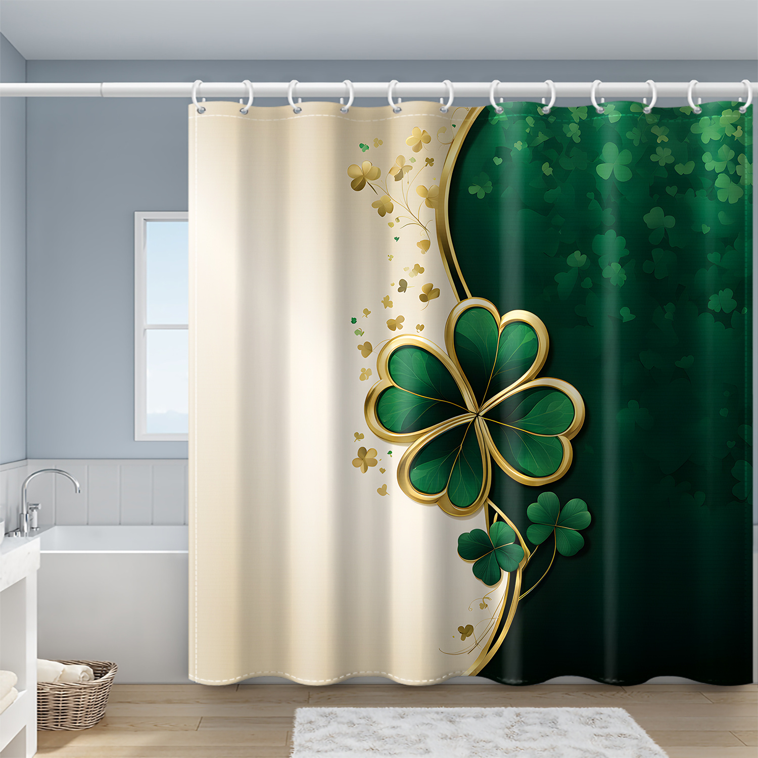 

1pc Clover Print Shower Curtain - Waterproof Polyester, & With Golden Accents, 71x71 Inches, Includes Hooks, Machine Washable For , Ideal For 's Day Bathroom Decor