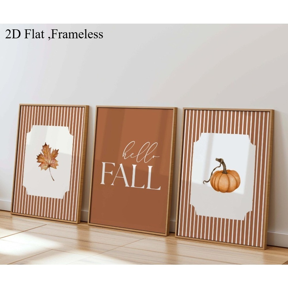 TEMU 2d Flat, 2d Flat 2d/flat, 3pcs/set Frameless Canvas Poster, Maple Leaf And Pumpkin Autumn Canvas Printing, Minimalist Autumn Logo Wall Art